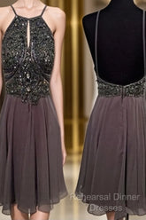 A Line Round Neck Short Grey Backless Semi Formal Prom Dress, Short Grey Backless Formal Dress, Homecoming Dress, Graduation Dress